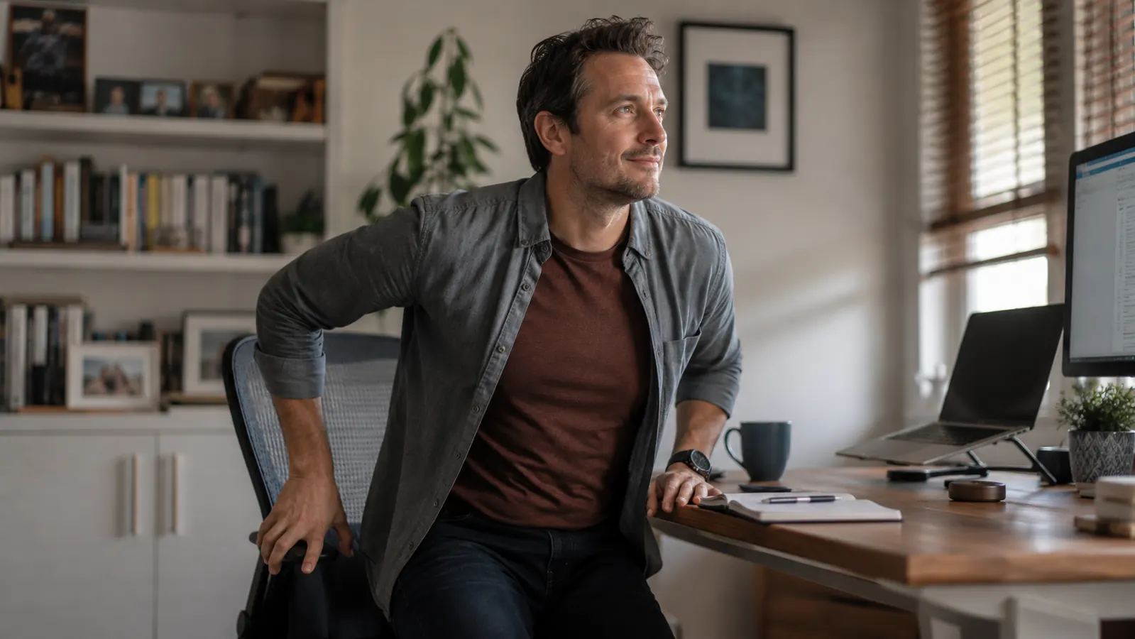 Person standing up from an ergonomic office chair at the end of a workday, looking relaxed, not stiff
