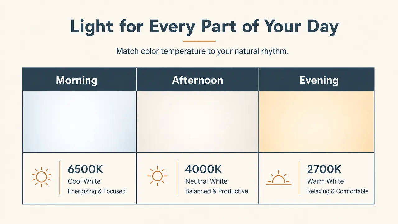 Diagram comparing cool, neutral, and warm color temperature settings on a desk lamp across morning, afternoon, and evening
