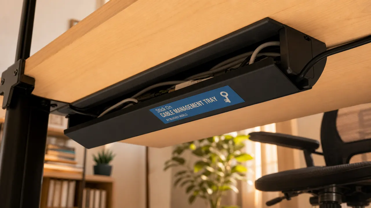 Underside of a desk showing a white cable management tray holding a power strip and several cables neatly bundled