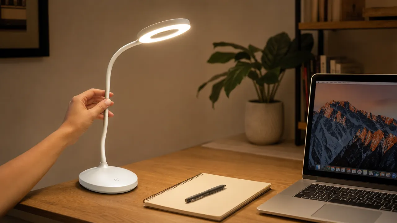 LED desk lamp with a soft warm glow positioned to the left of a laptop on a clean wooden desk, USB cable plugged in