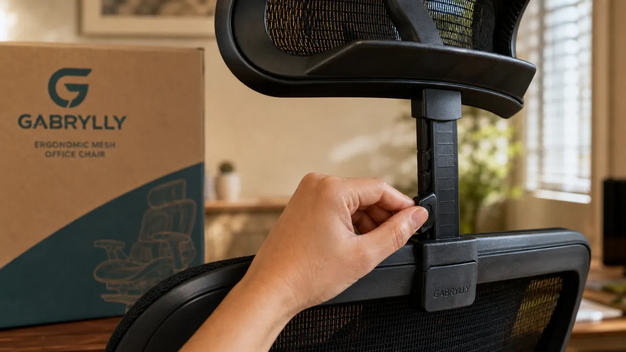Close-up of the GABRYLLY headrest adjustment button and post, hand pressing the release