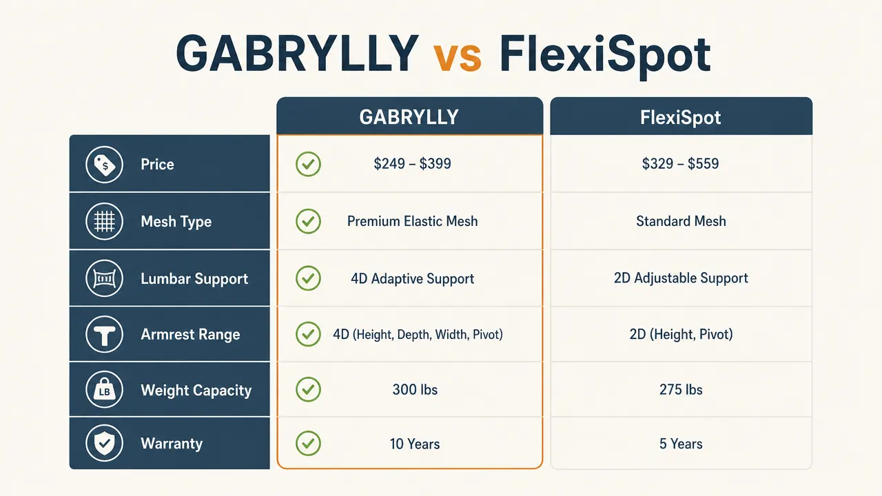 Comparison chart showing GABRYLLY versus FlexiSpot chair specs across six categories