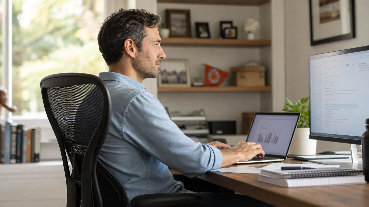 Person sitting in a mesh ergonomic chair at a standing desk converter, working comfortably with good posture