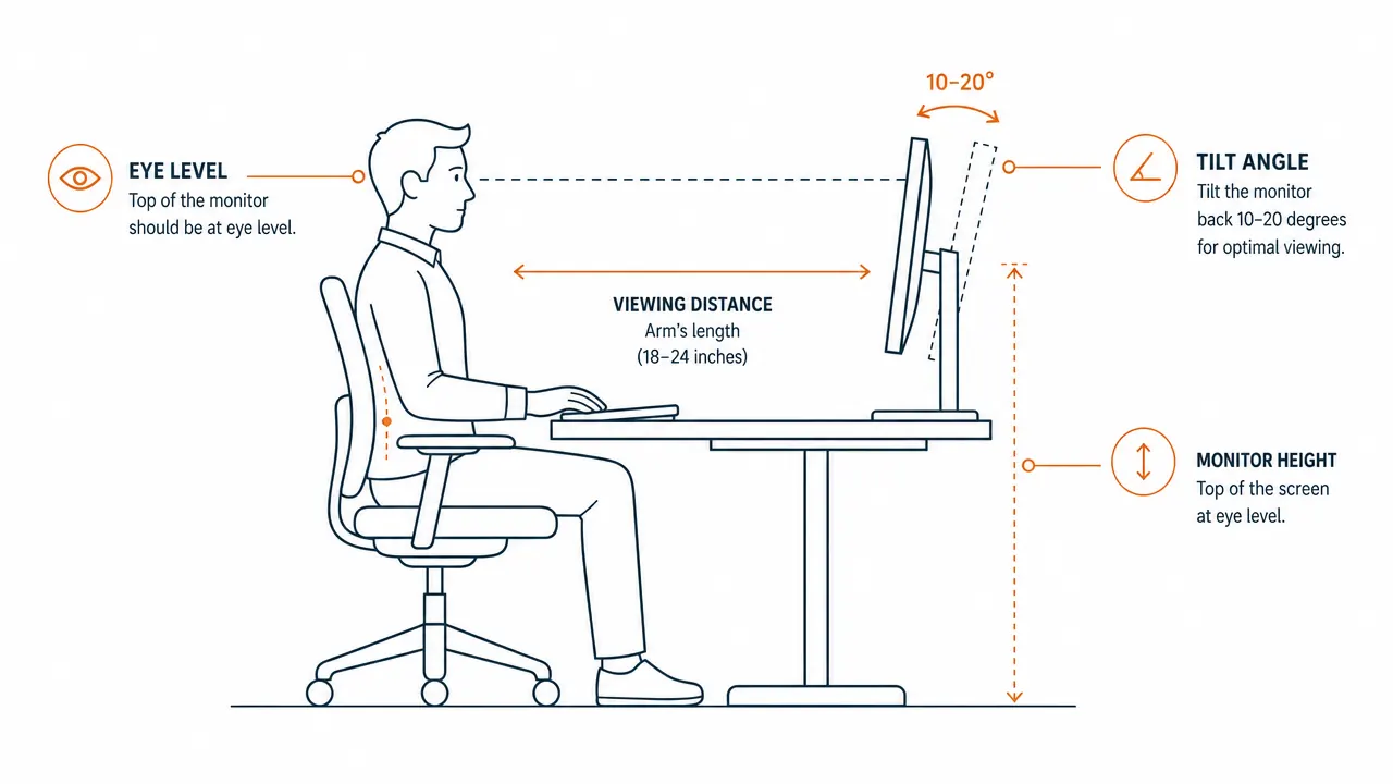 Diagram showing correct monitor height with the top of the screen at eye level and the monitor tilted back 10 to 20 degrees