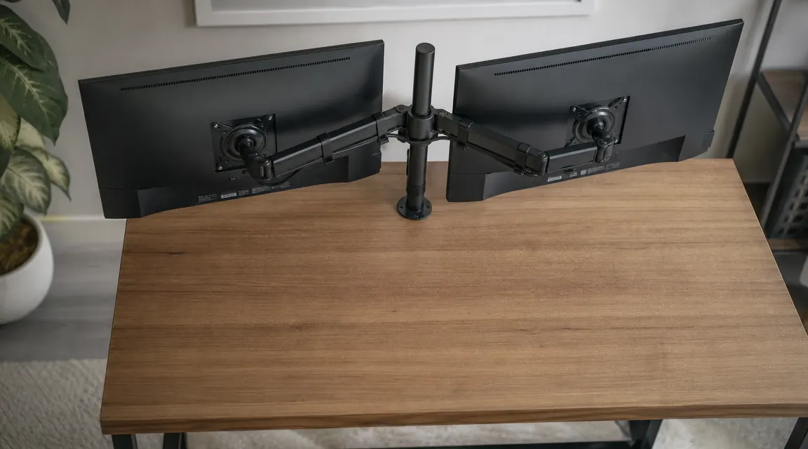 Two monitors side by side on a desk arm with cables bundled cleanly along the arm's spine