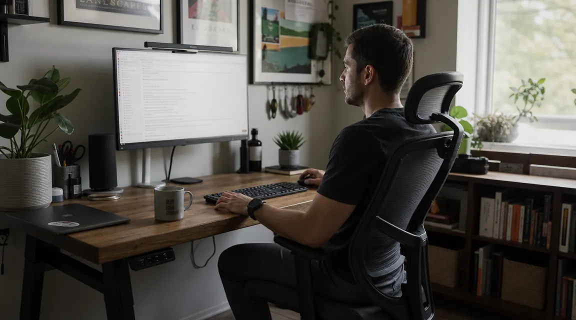 Home office setup showing correct monitor height and desk alignment with ergonomic chair