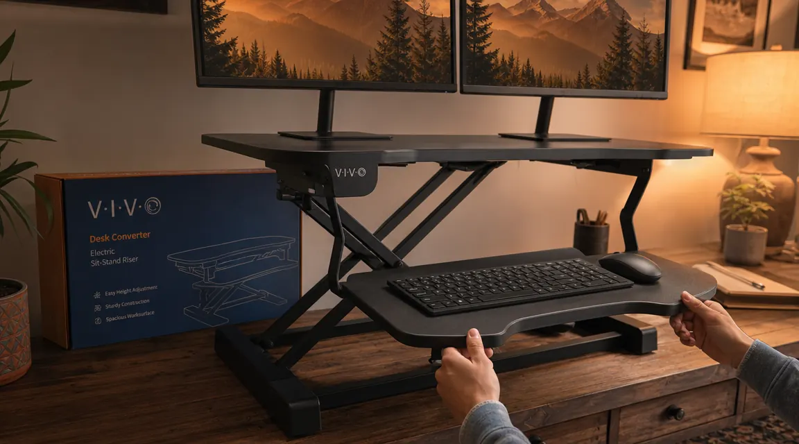VIVO K Series standing desk converter raised to standing height with dual monitors on a wooden desk