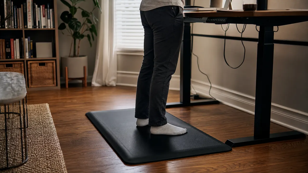 Anti-fatigue mat on a hardwood floor in front of a standing desk setup