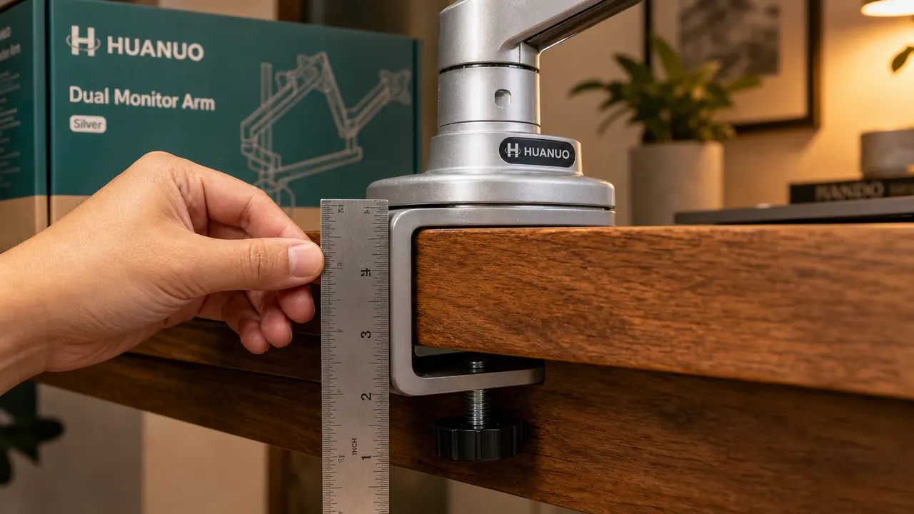 Close-up of a C-clamp monitor arm base being tested against the edge of a thick wooden desk, showing the gap between the clamp jaw and the desk surface