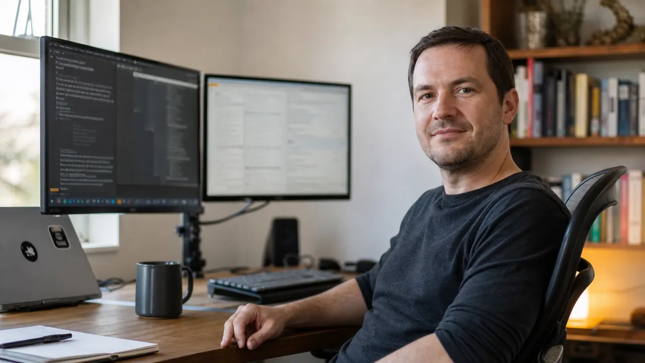 Person sitting at a home office desk with two monitors positioned at different angles, one tilted in for a video call, desk surface completely clear