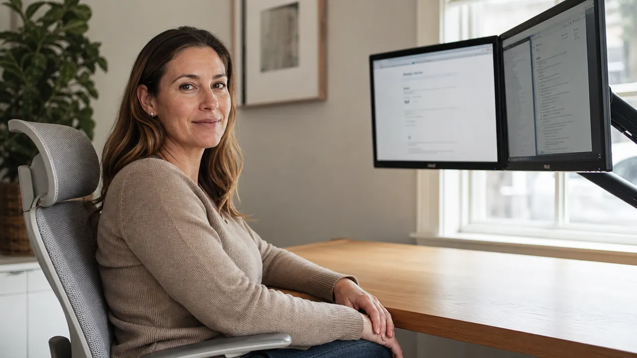 Person sitting comfortably at a home office desk with two monitors raised to eye level on an adjustable arm