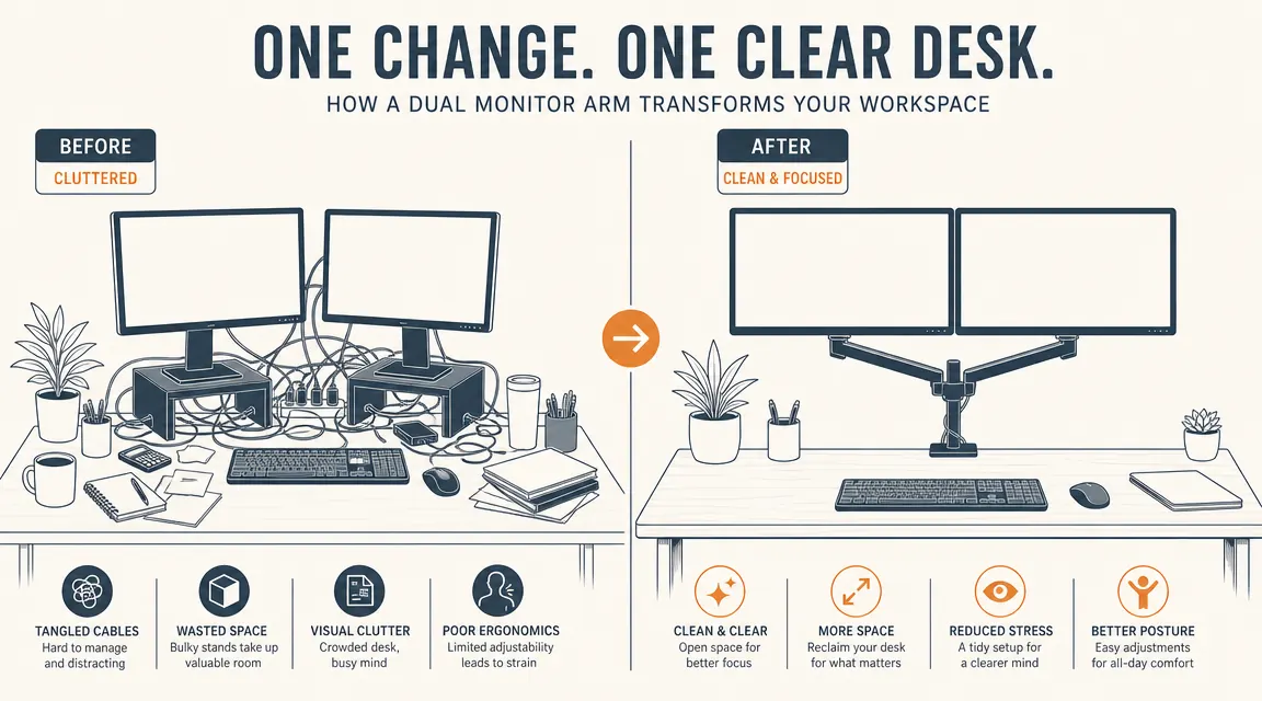 Before and after comparison of a home office desk, left side cluttered with two bulky monitor stands, right side clean with both monitors on a single arm mount