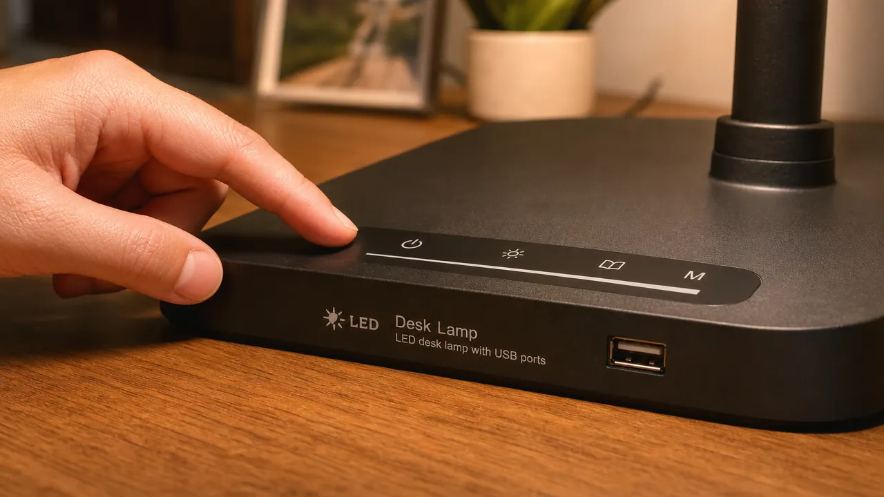 Close-up of the plastic base of a desk lamp showing the touch control panel and USB-A port
