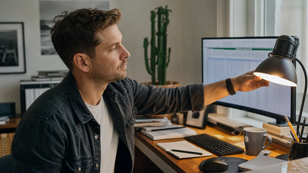 Person adjusting desk lamp angle during a work session to redirect light away from monitor screen