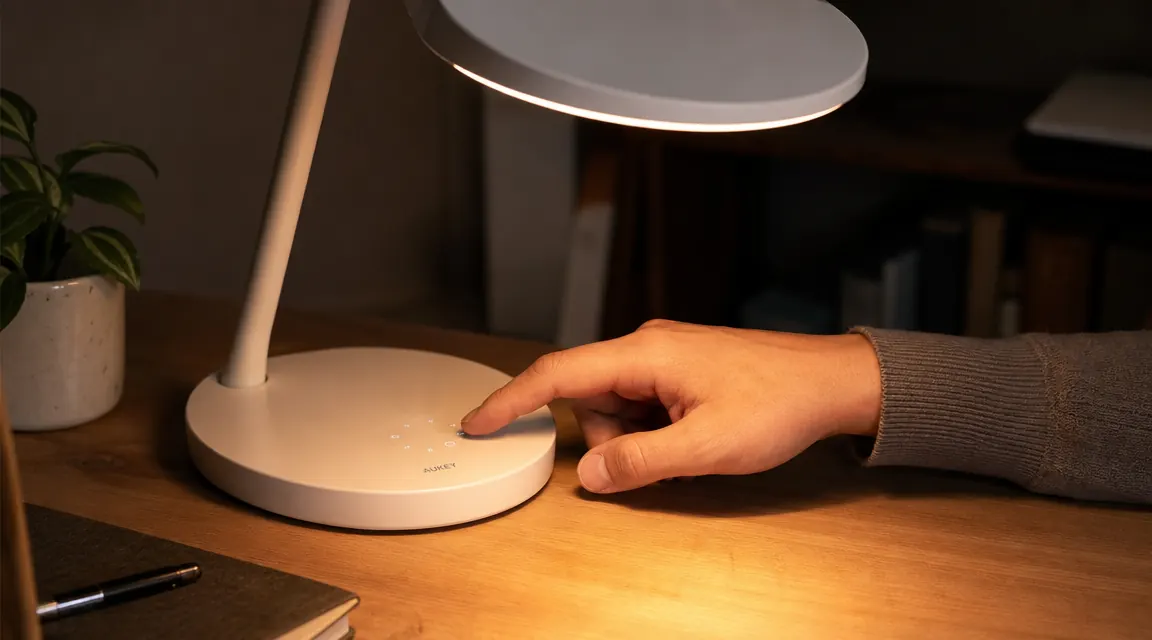 Hand reaching to tap the touch-sensitive base of a desk lamp to cycle brightness