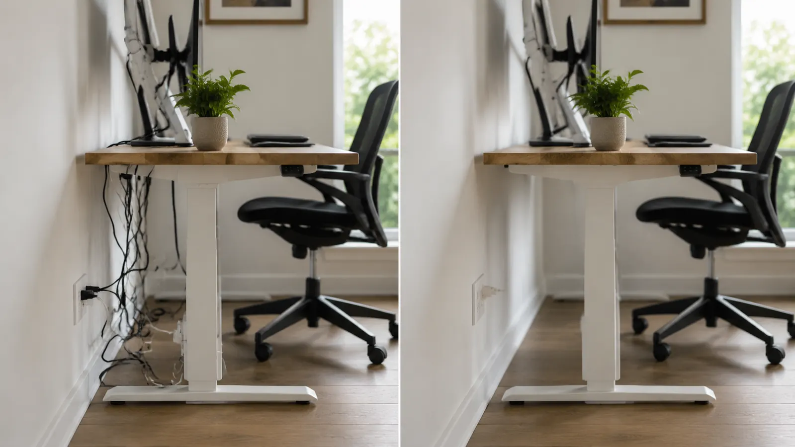 Side-by-side comparison of a cluttered desk with visible cables versus the same desk with cables completely hidden