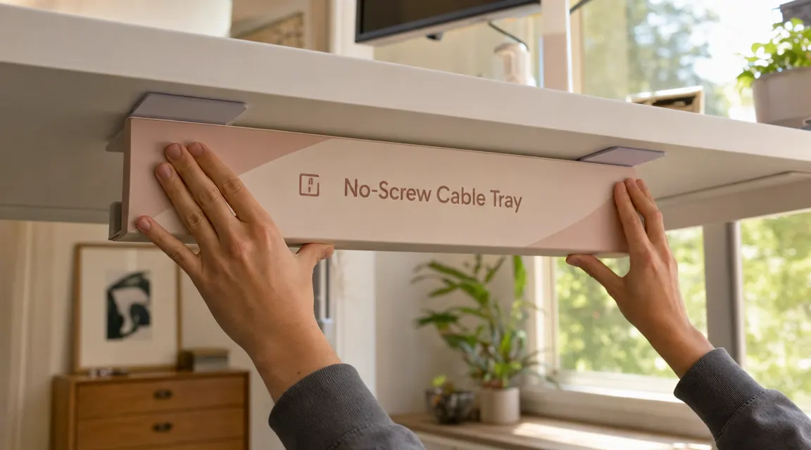 Hand pressing a black cable management tray against the underside of a desk, adhesive pads visible