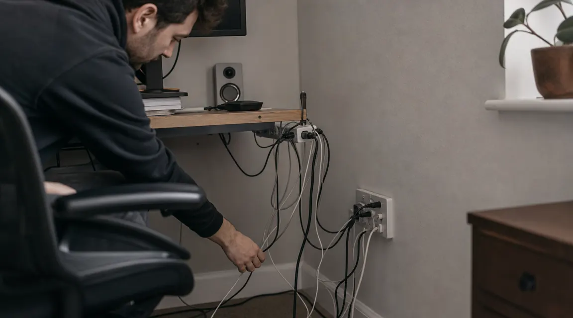 Home office desk corner showing the before state with tangled power cables hanging down