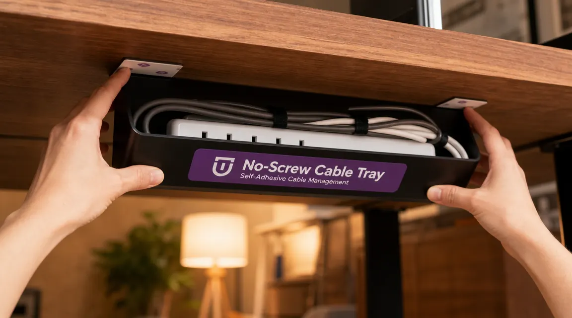 Hand pressing adhesive cable management tray firmly against the underside of a desk during installation