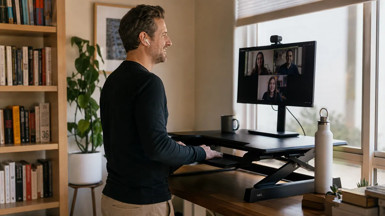 Person standing at a desk converter while on a video call, coffee mug nearby, relaxed posture, home office setting with bookshelves in background