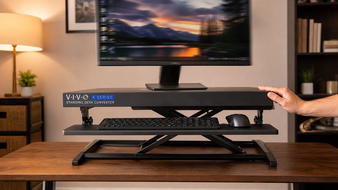 Hand demonstrating lateral push on a standing desk converter raised to maximum height, showing slight visible sway