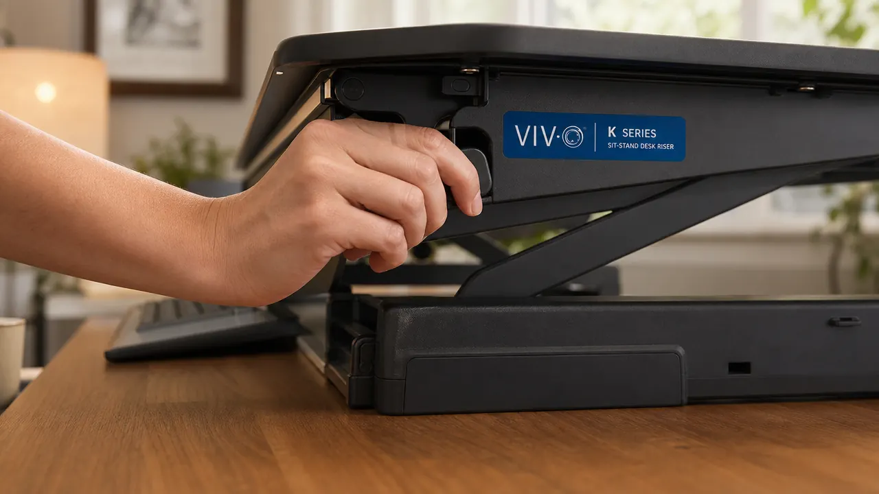 Hand pressing the lever on a standing desk converter to raise it from seated to standing position