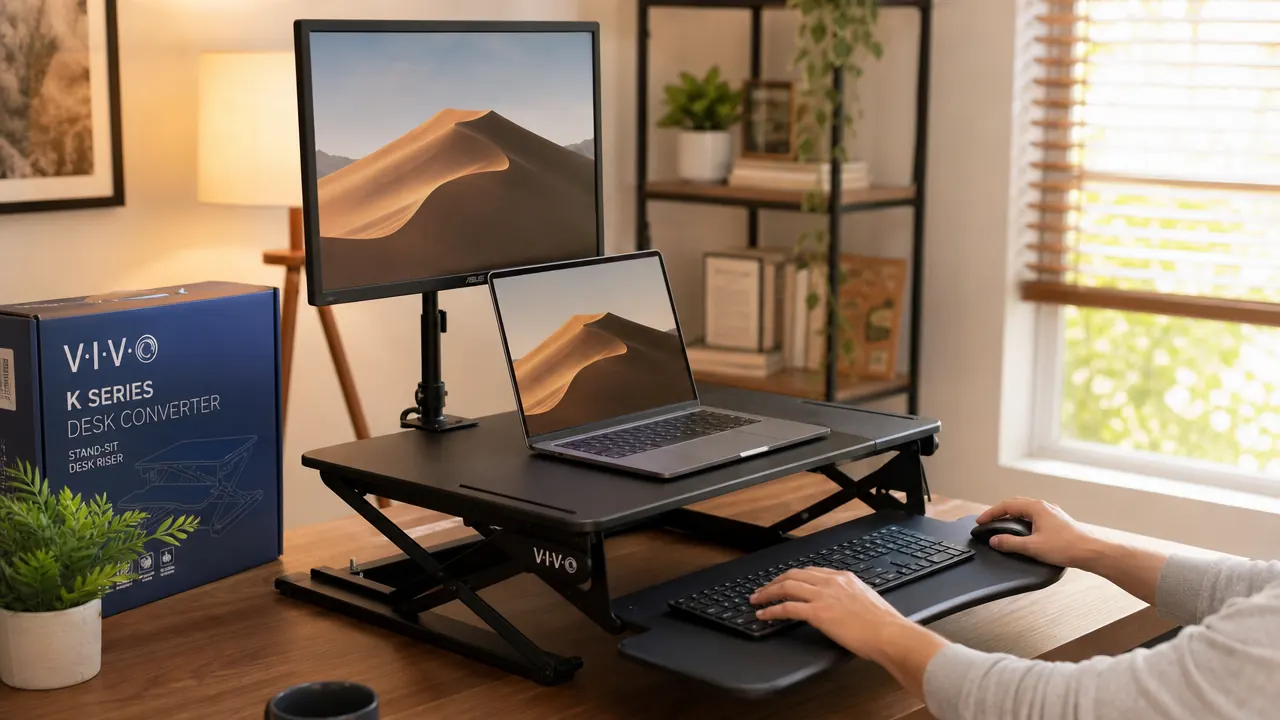 Standing desk converter with keyboard tray extended, showing laptop plus external monitor setup