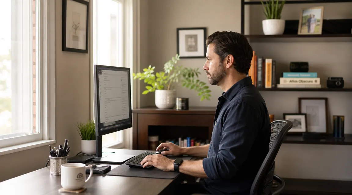 Standing desk converter lowered to seated position with monitor at eye level, person working in ergonomic seated posture